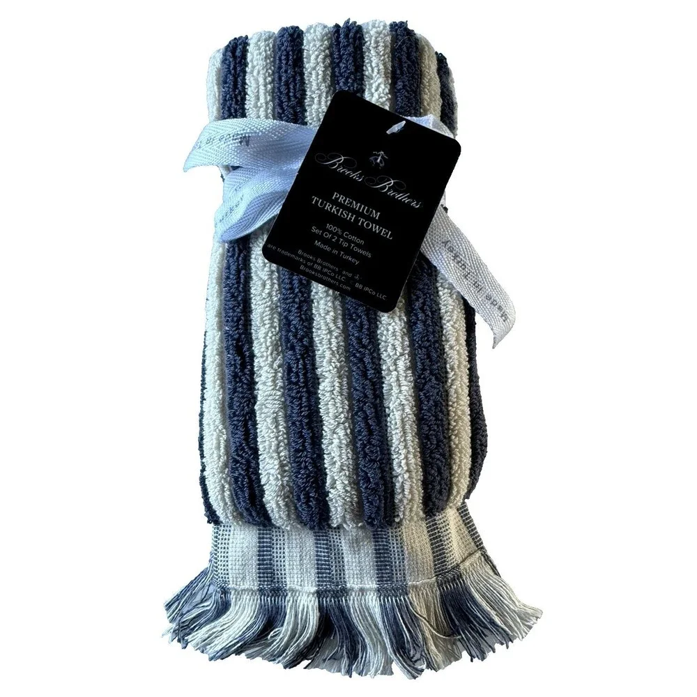 Brooks Brothers Fingertip Towels Set of 2 Ivory Blue Luxury Thick Turkish Cotton